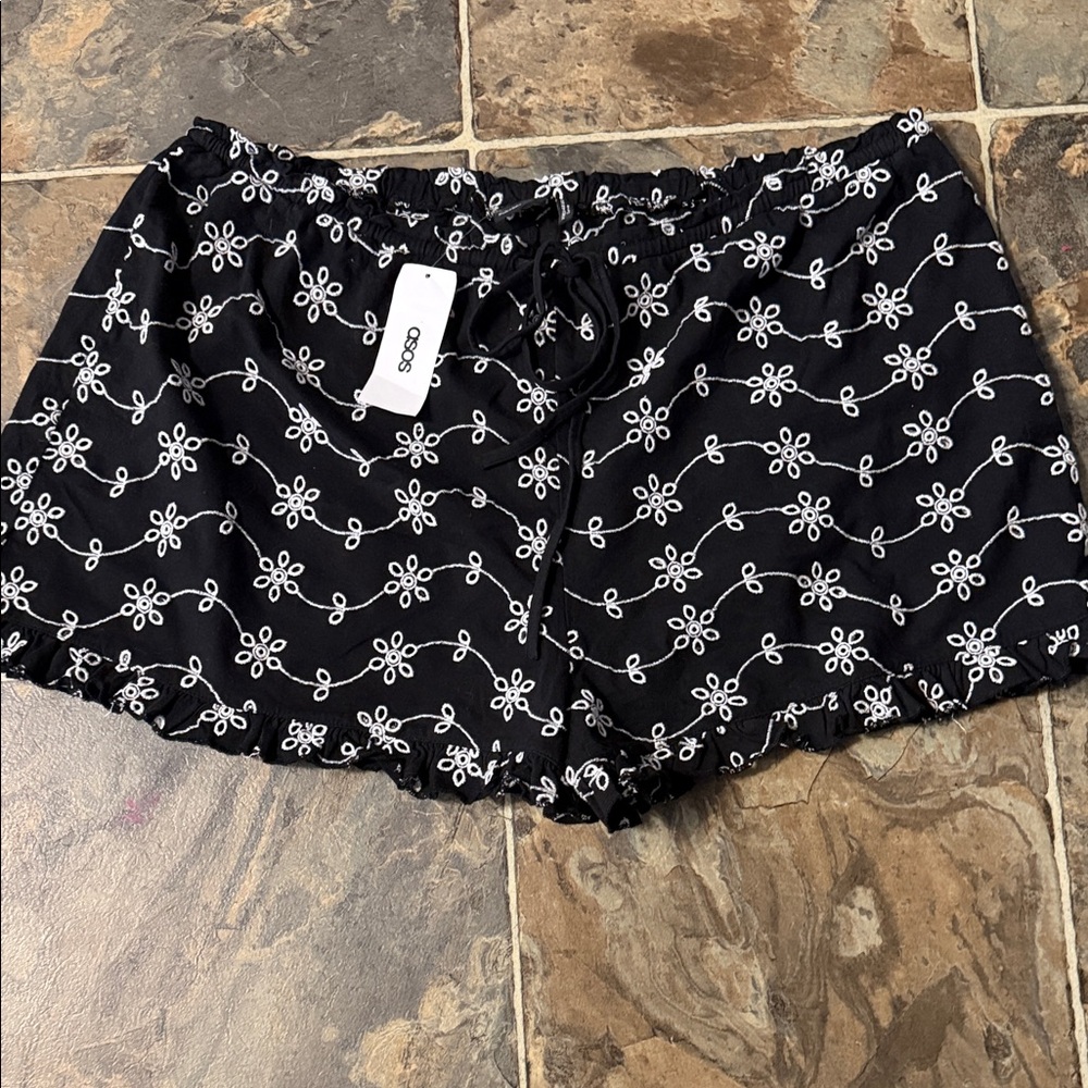 ASOS Curve Black Shorts with White Floral Embroidery